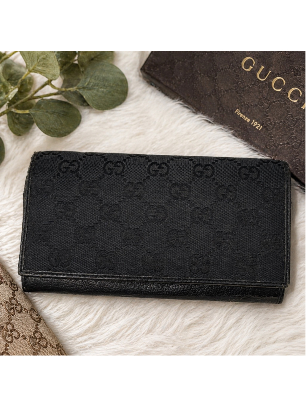 Gucci Black GG Canvas Wallet Bifold Long Wallet Monogram Leather Trim